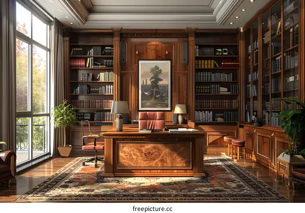 Luxurious home office library with bookshelves and a large desk