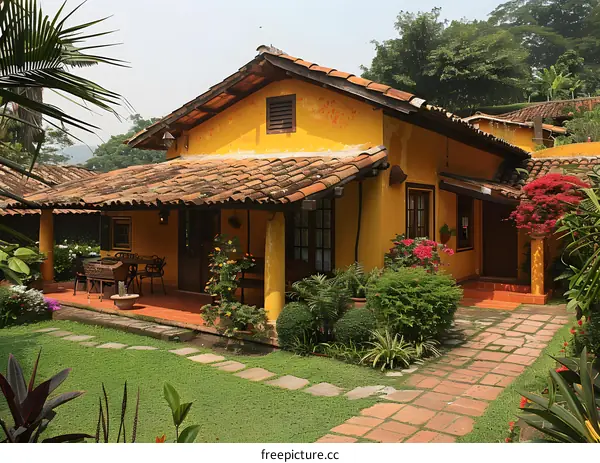 Colorful colonial house with flowers and a garden