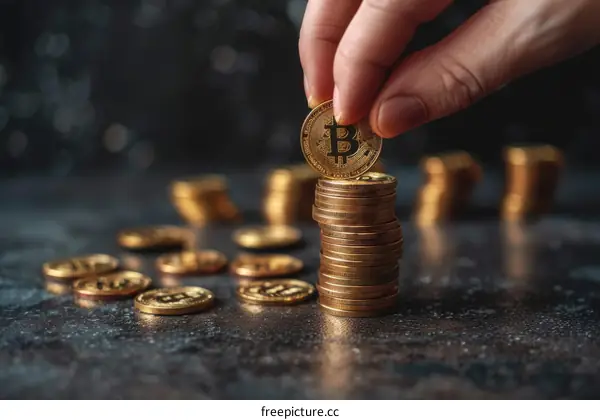 A hand placing a gold Bitcoin on a stack of Bitcoins