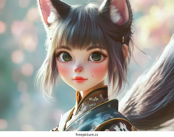 Charming Anime Girl with Cat Ears in Traditional Outfit