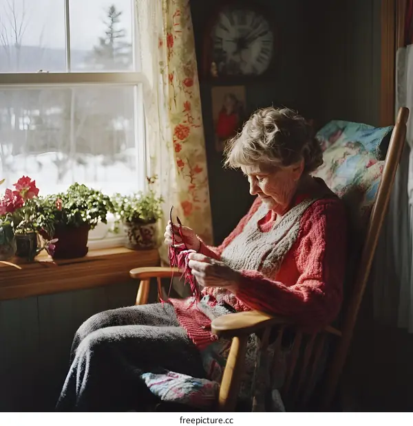 Elderly Woman Sitting in Rocking Chair Knitting