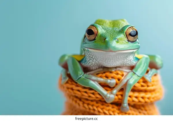 A Green Frog on an Orange Beanie