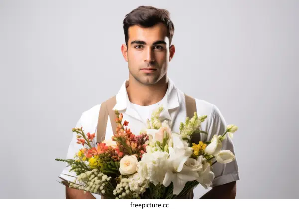 Portrait of a young male florist holding a bouquet of flowers