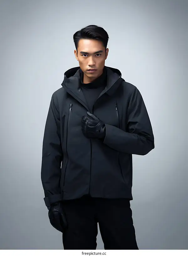 Asian Man Wearing Modern Winter Jacket