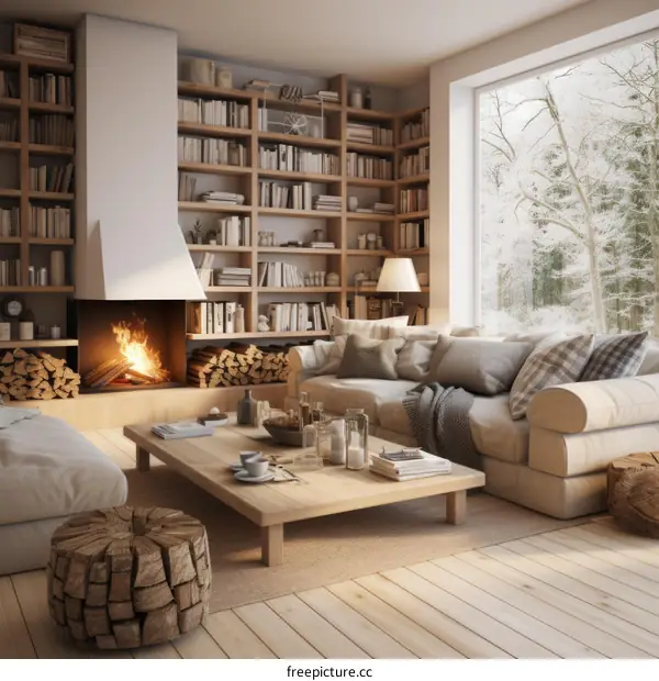 Cozy living room interior with fireplace, bookshelves, large windows and wooden furniture