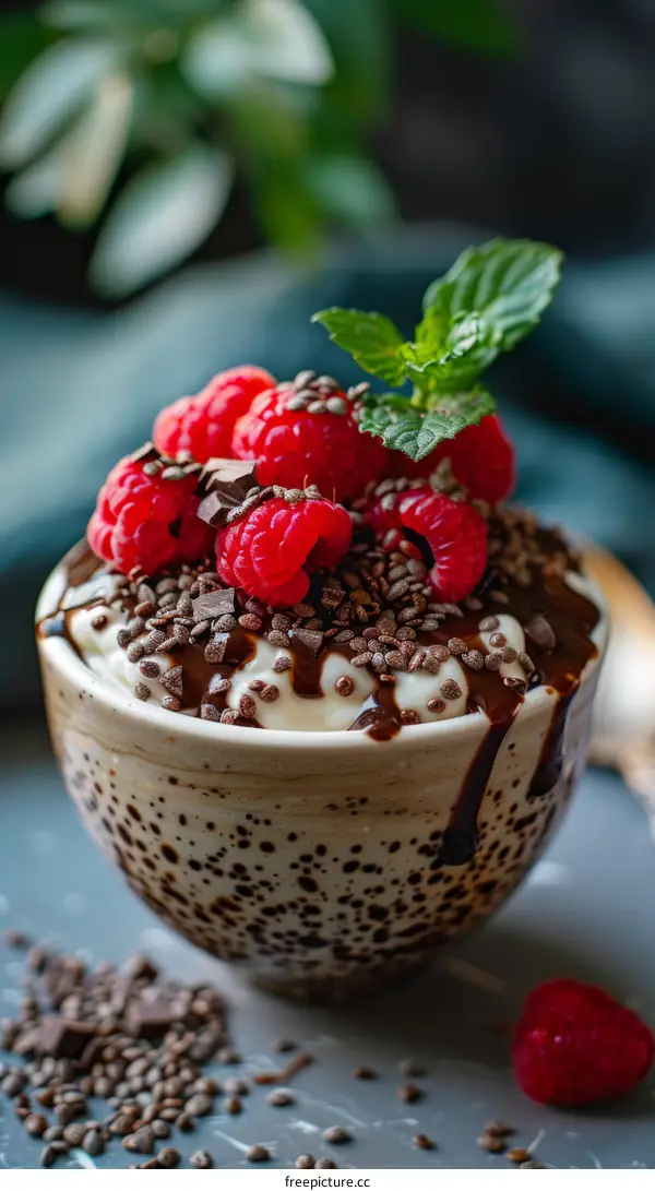 A bowl of yogurt with raspberries and chocolate