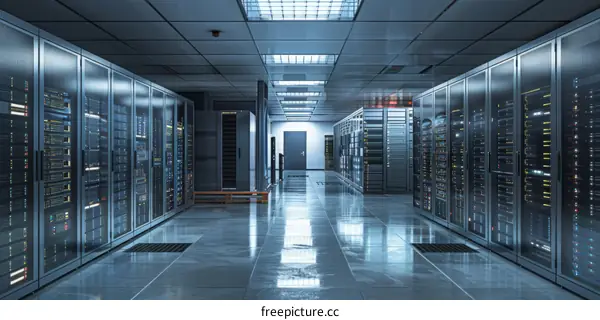 Server room with rows of server racks containing multiple server blades