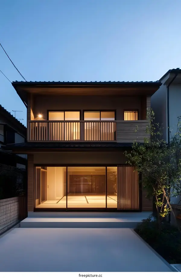 Modern Japanese House with Wooden Balcony and Large Windows