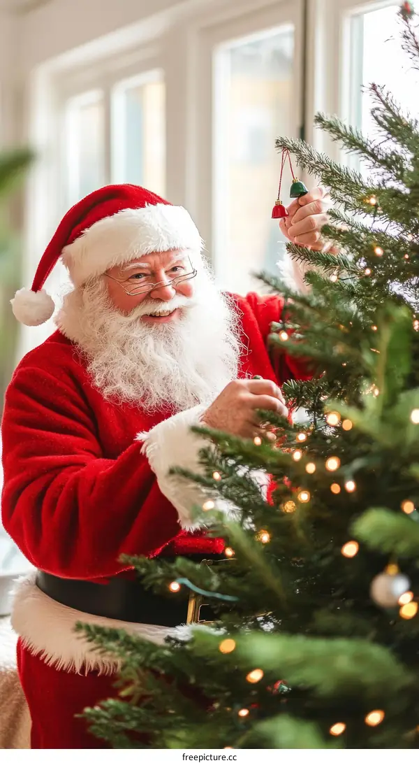 Santa Claus Decorating Christmas Tree Indoor