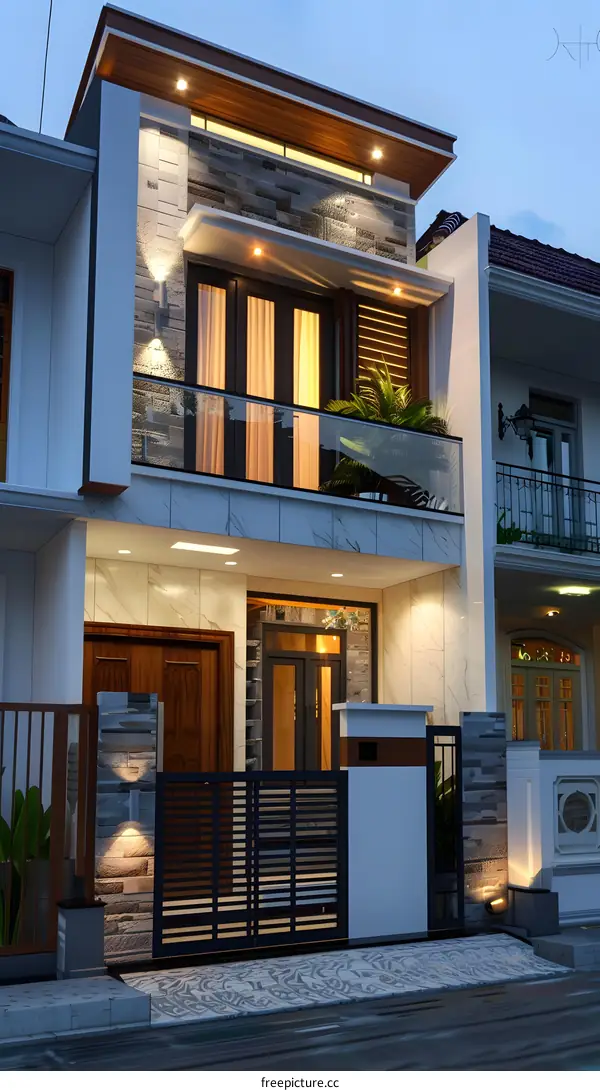 Modern Minimalist Home Design with Stone Walls and Glass Balcony