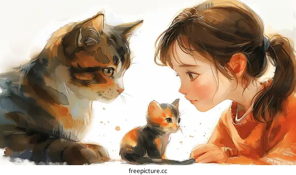 A girl with a cat and a kitten