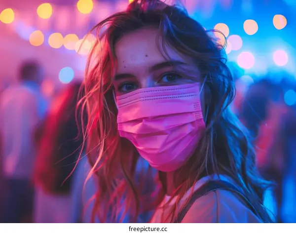 Close-up portrait of a young woman wearing a pink surgical mask