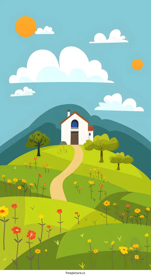 Illustrated  House with Winding Path and Flowers in  the Country