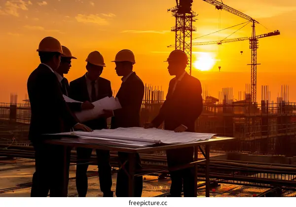 Construction workers discussing building plans at a construction site