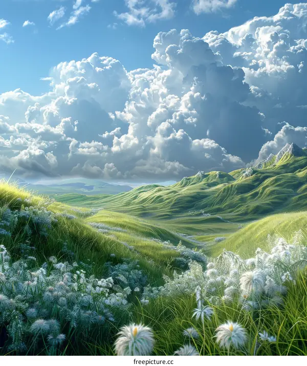 Tranquil Green Grassland with Sky and Clouds