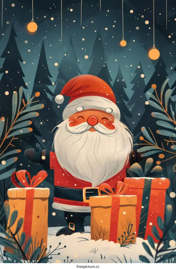 Santa Claus in the snow forest with presents