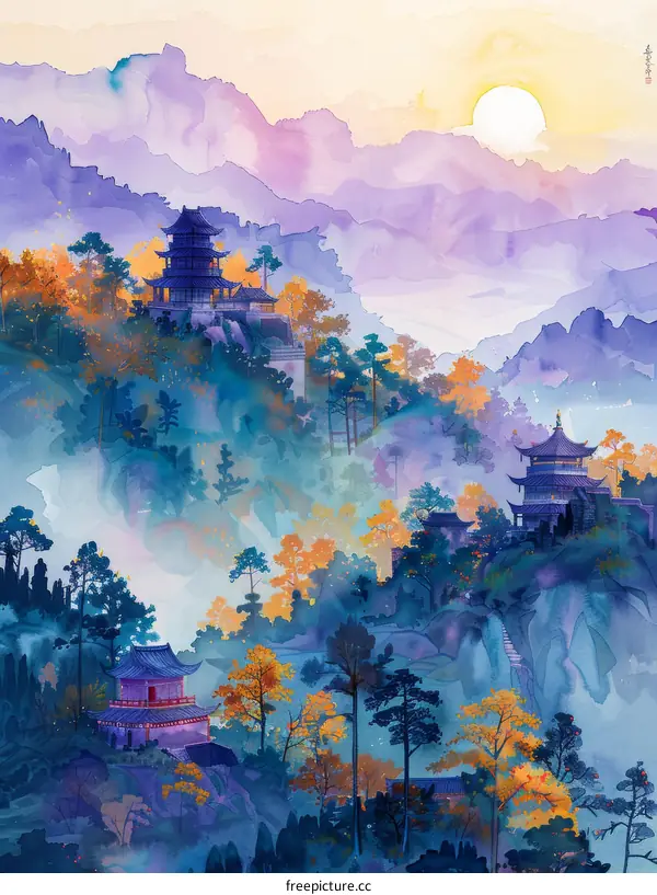An illustration of an Asian landscape with mountains, trees, and pavilions.