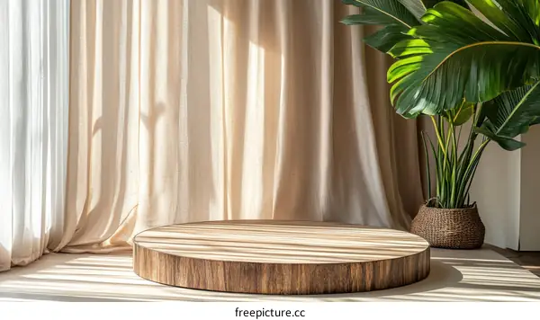 Wooden Display Platform in a Light Beige Room with Curtains and Plants