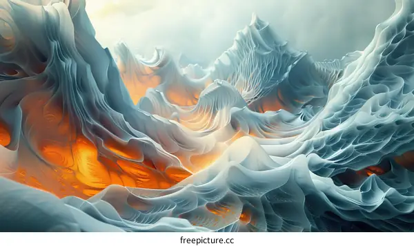 Mountain landscape with a crevasse revealing a fiery orange interior