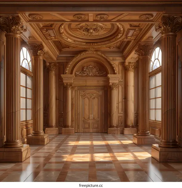 ornate wooden interior with columns and arched doorway