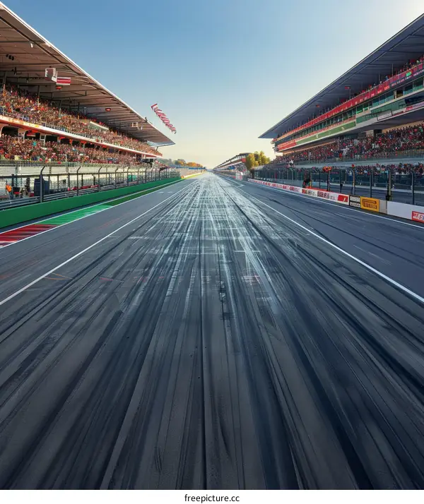 A long and empty Formula One race track with the grandstands full of people