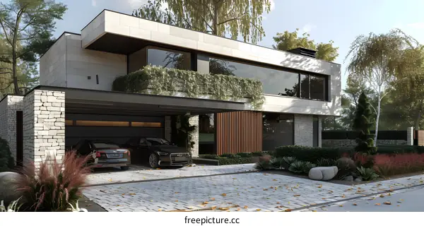 Modern House Exterior With Stone Wall And Garage