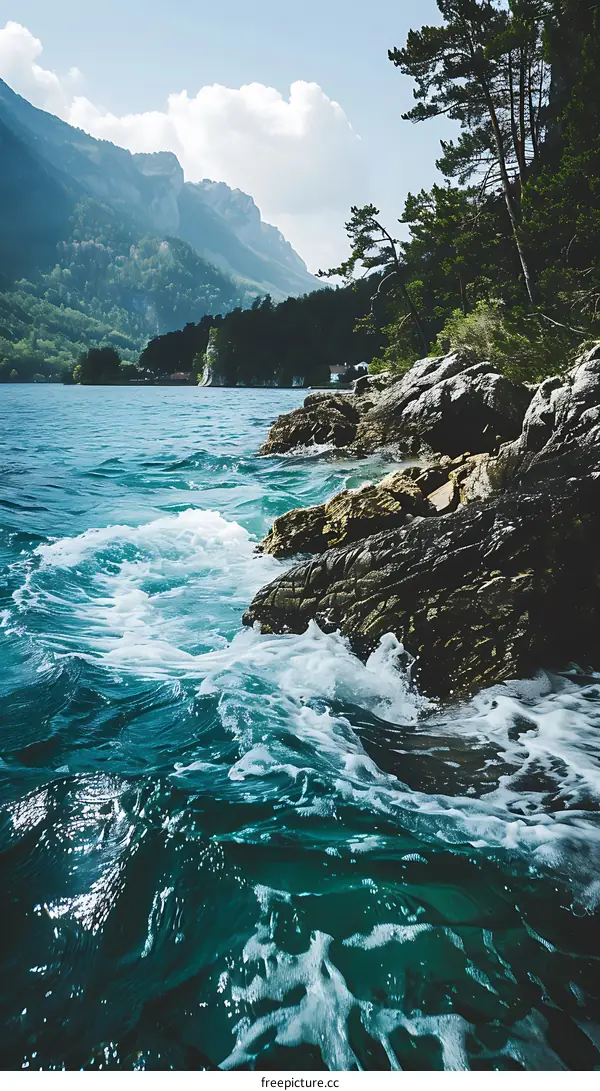 Foamy Ocean Waves Crashing on Rocky Shore With Green Mountain Background
