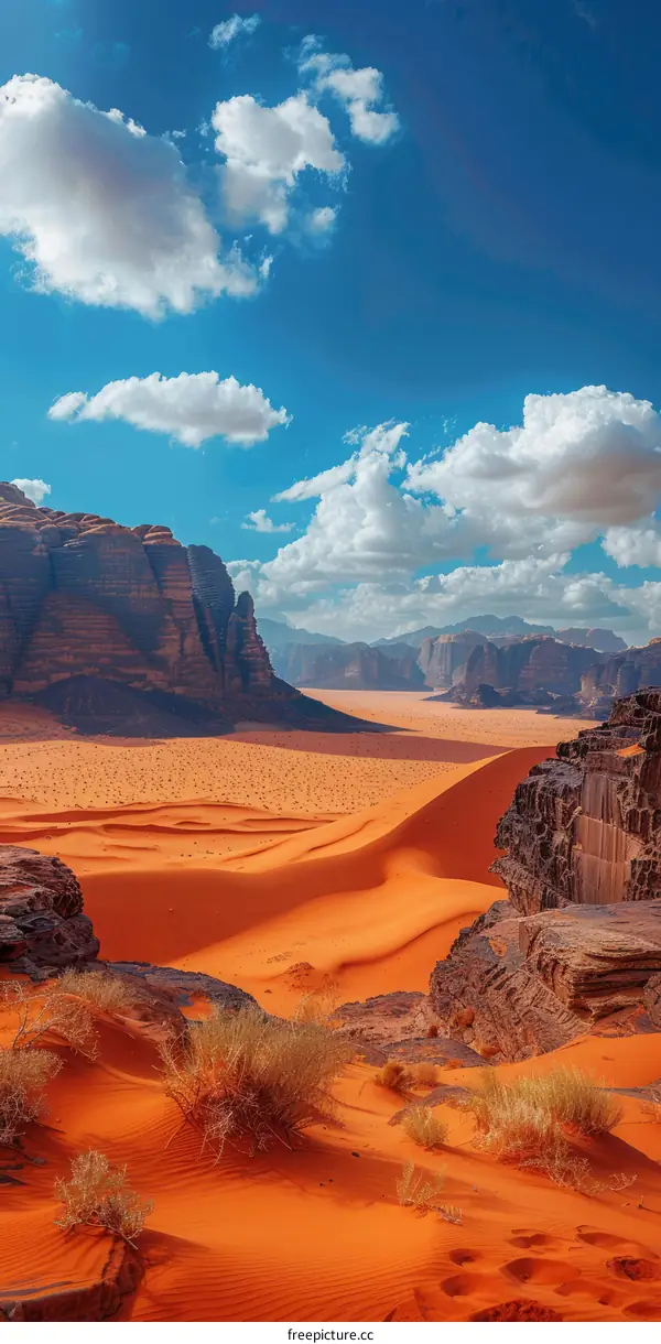 A vast desert landscape with red sand dunes and rocky mountains in the background