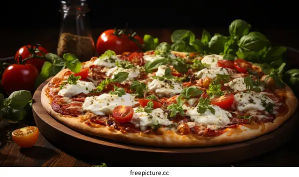 A delicious pizza with tomatoes, basil, and mozzarella cheese