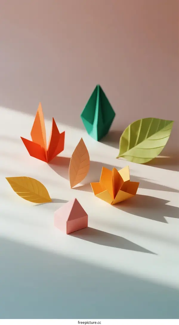 Colorful Handmade Origami Leaves and Shapes on Soft Background