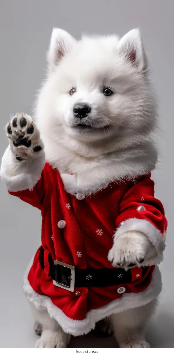 Samoyed puppy dressed in Santa costume