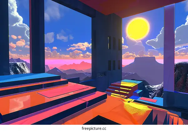 Abstract Geometric Building with Mountain View and Sun