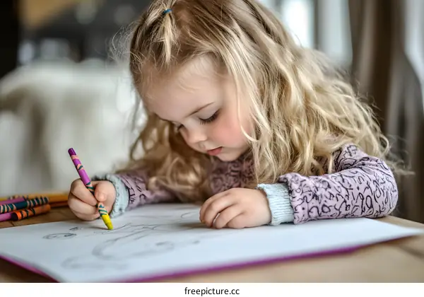 Little Girl Drawing with Colored Pencils on a White Paper