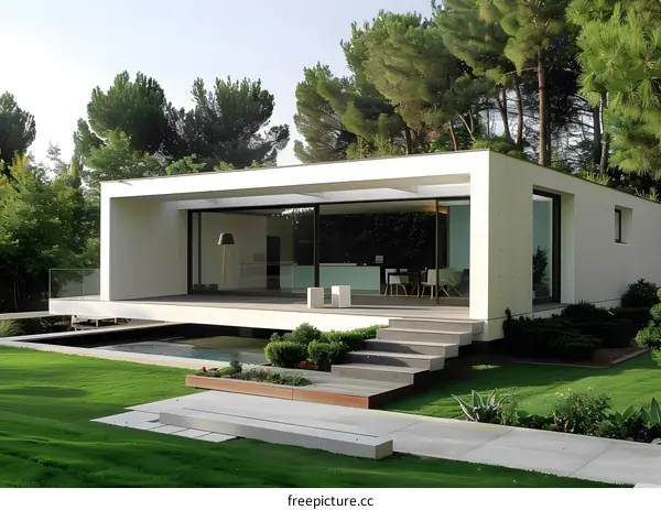 Modern White House With Swimming Pool And Lush Green Garden