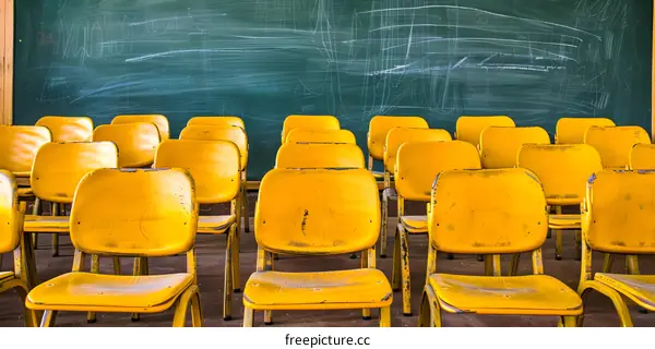Yellow Chairs in Classroom with Green Chalkboard