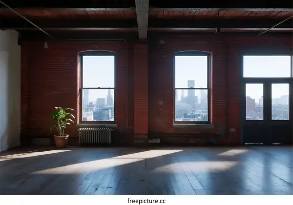 Spacious room with large windows showing city view and wooden floor