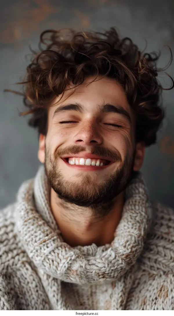 Portrait of a Smiling Young Man with Curly Hair and Freckles