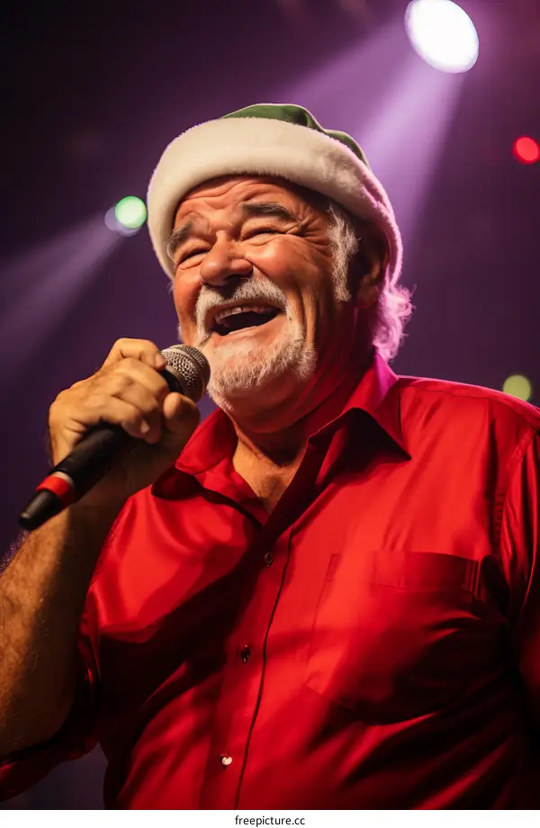 A Man Wearing a Santa Hat Sings into a Microphone