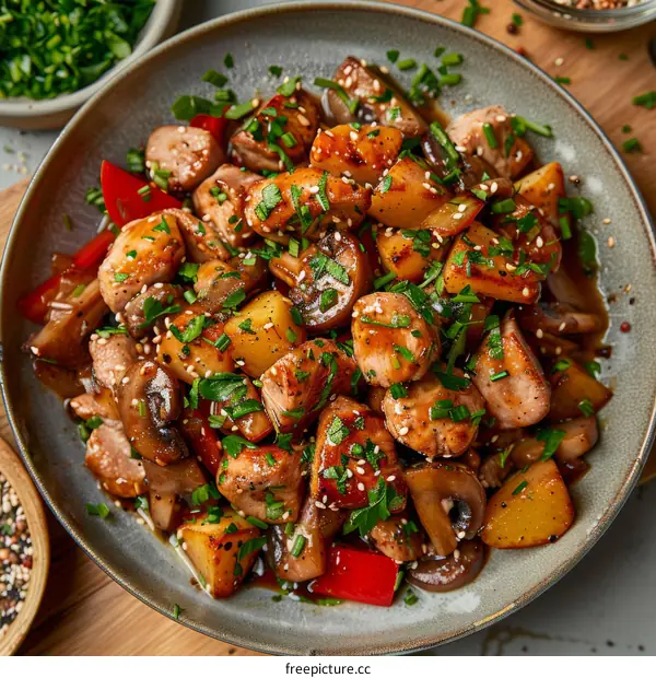 Chicken and potatoes with mushrooms and bell pepper