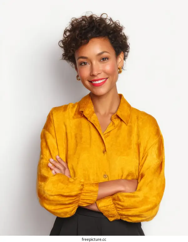 Smiling Woman in a Mustard Yellow Shirt