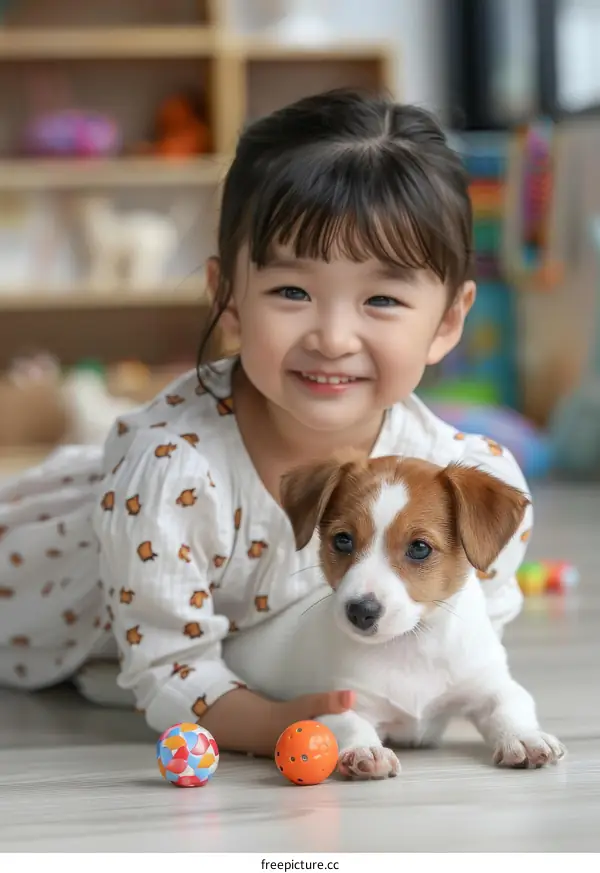 Asian toddler girl playing with a puppy