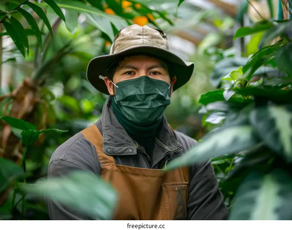 Portrait of a male wearing a mask and hat in a greenhouse