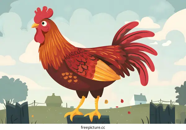 Cartoon Illustration of a Rooster with Red Feathers