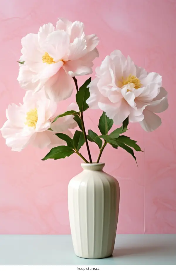 Three pink peony flowers in a vase