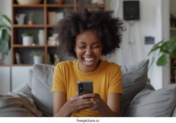 Laughing woman holding her phone