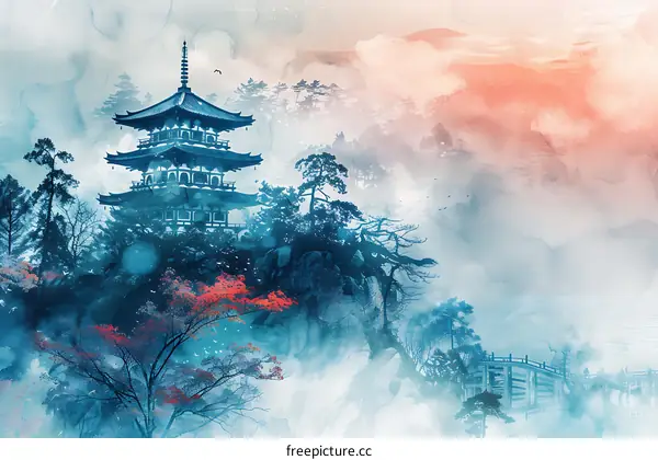 Japanese Watercolor Painting of a Pagoda on a Mountain