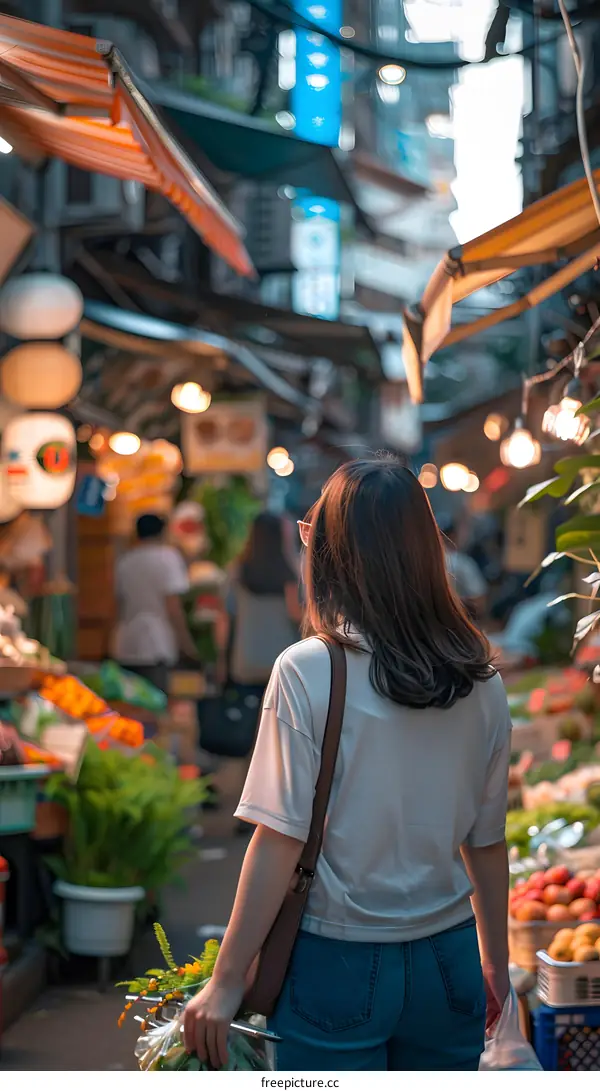 Woman Walking Through Asian Market