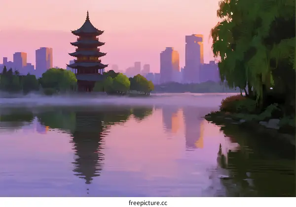 A Traditional Chinese Pavilion Reflecting on Calm Lake Water at Sunset