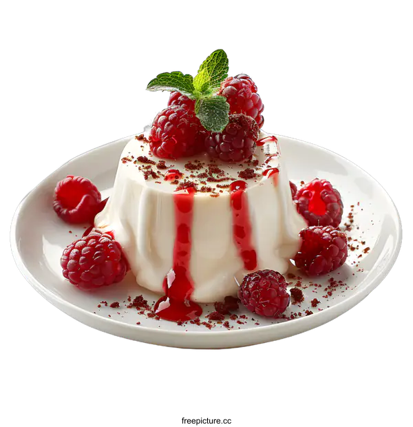 [Transparent Background PNG]Delicious Panna cotta dessert with fresh raspberries and chocolate