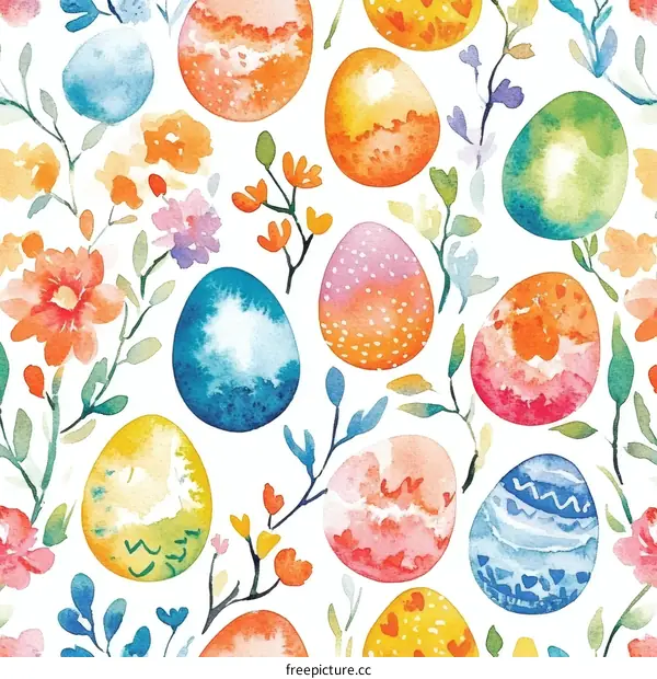 Watercolor Easter Egg Pattern with Flowers